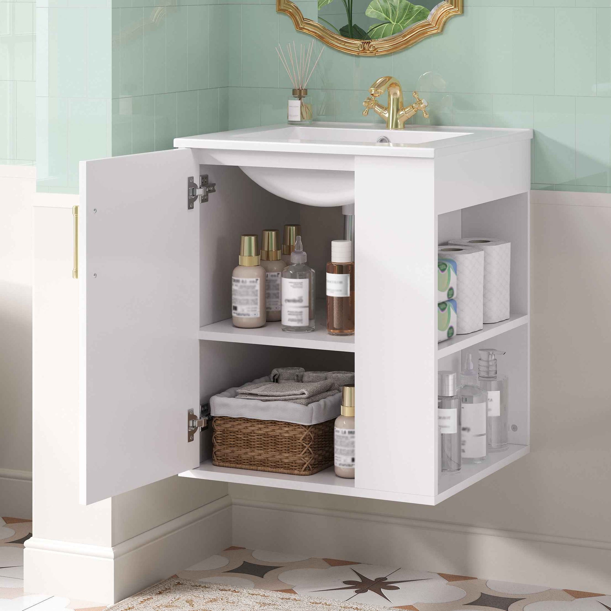 20" Wall Mounted Bathroom Vanity with Side Cabinet – White Sink Cabinet with Soft-Close Doors