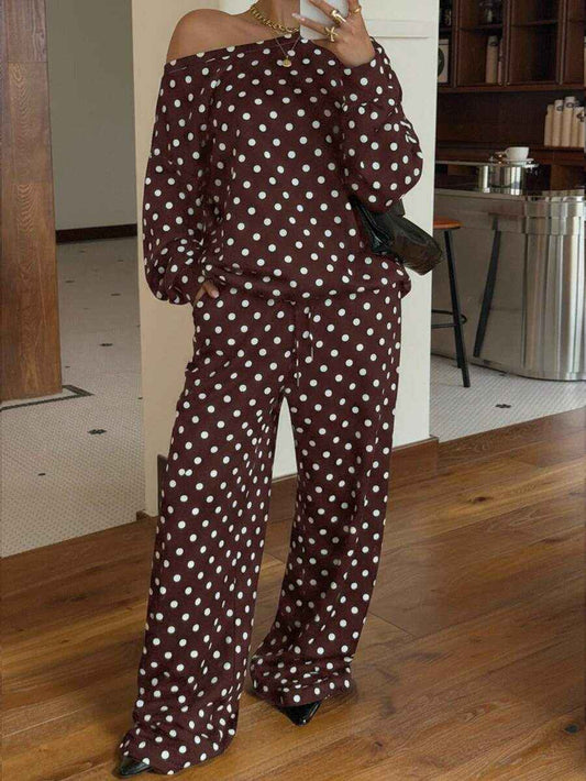 Women’s Polka-Dot Print Two-Piece Set – Long-Sleeve Sweatshirt & Loose-Fit Full-Length Pants