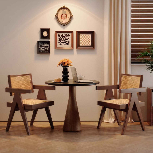 Modern Mid-Century Dining Chairs Set of 2 – Brown Rattan Accent Armchairs with Rubber Wood Frame (Deliver United States Only)