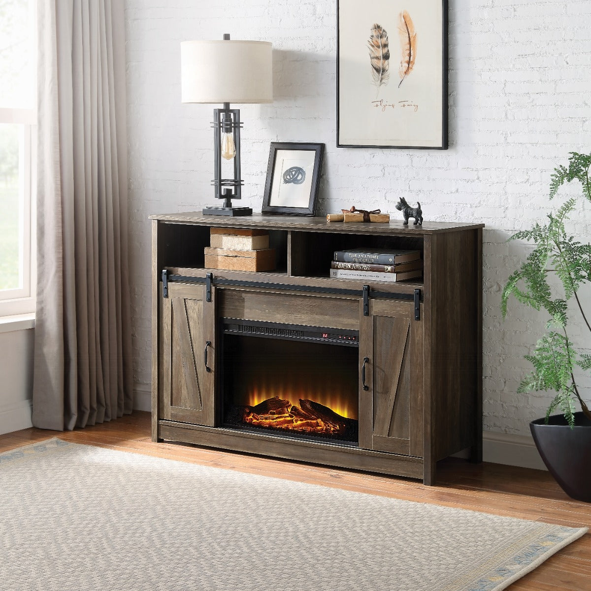 Hearth Barn Doors Storage Fireplace - Rustic Oak