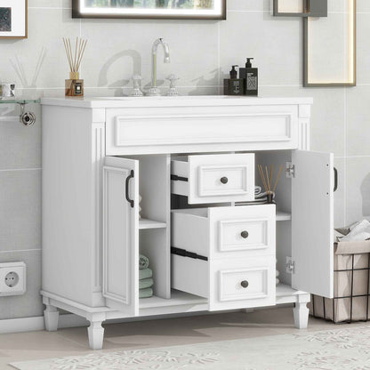 36-Inch White Bathroom Vanity with Ceramic Sink – Modern Storage Cabinet with 2 Soft-Close Doors & 2 Drawers