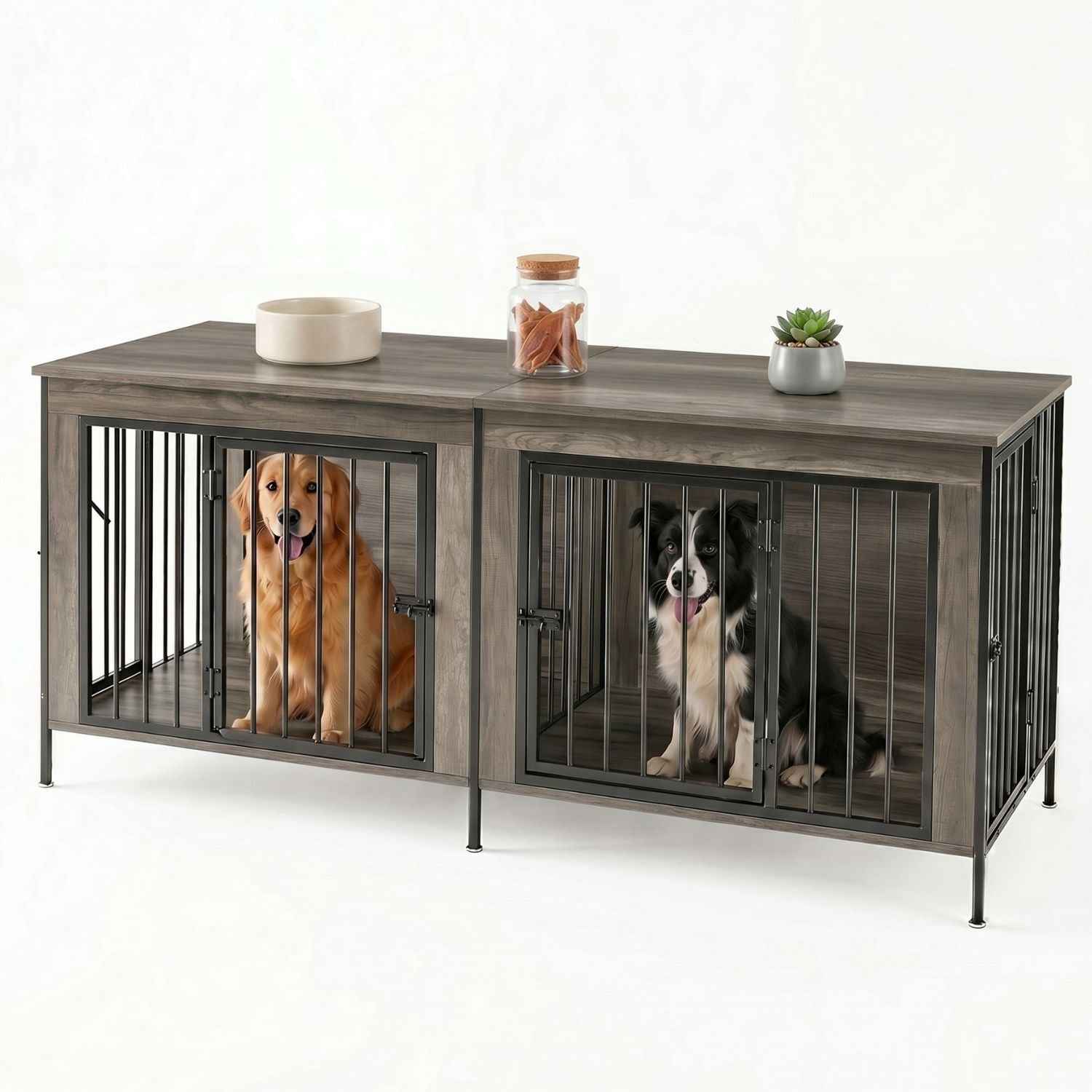 Extra Large Double Dog Crate Furniture with Divider – Heavy Duty Wooden Pet Kennel TV Stand & End Table
