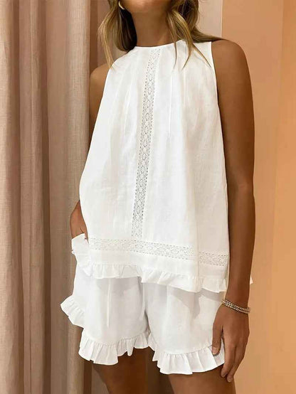 Women’s Elegant Lace Sleeveless Top & Wide-Leg Pants Set – Chic White Two-Piece Commuter Outfit (Deliver to United States Only)