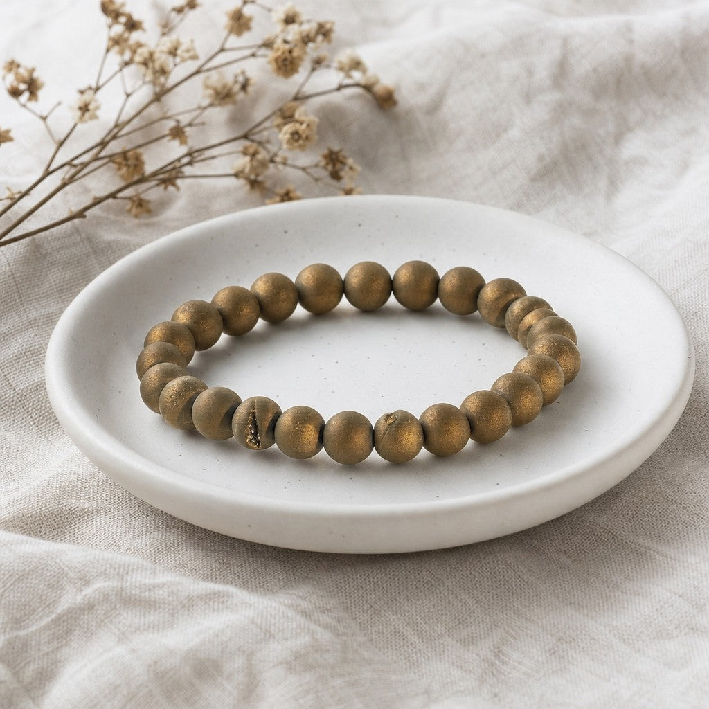 Agate Druzy Electroplated Gold Round Bracelet - 8mm (Enhanced)