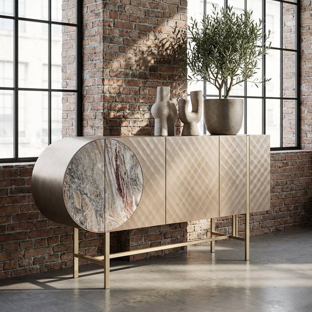 Art-déco-Metall-Sideboard mit Edelstahlfuß