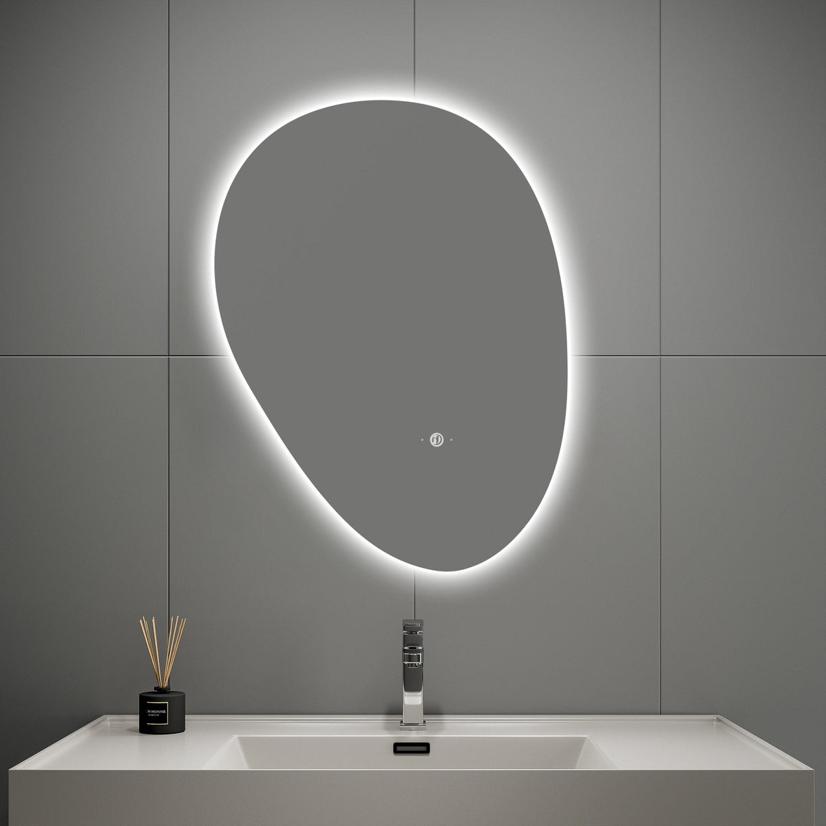 Asymmetrical Backlit LED Bathroom Mirror, Wave Sensor – 20"x28" / 24"x32"