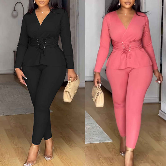 Women's V-Neck Two Piece Set – Long Sleeve Top and Pants Elegant Workwear Outfit