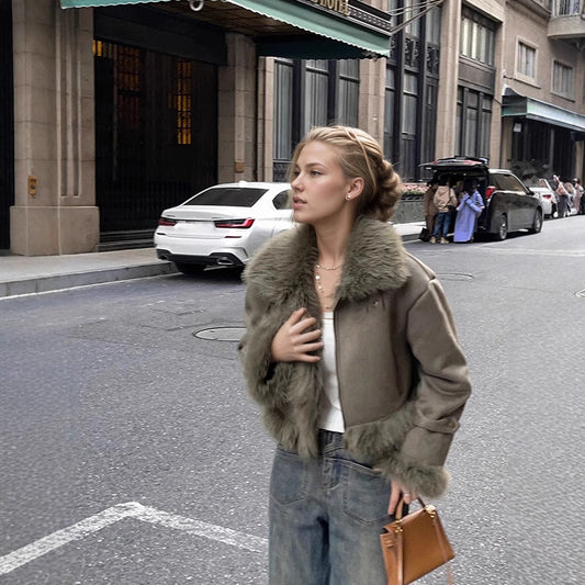 Women’s Leather & Fur-Lined Biker Jacket – Short Suede-Lined Motorcycle Coat
