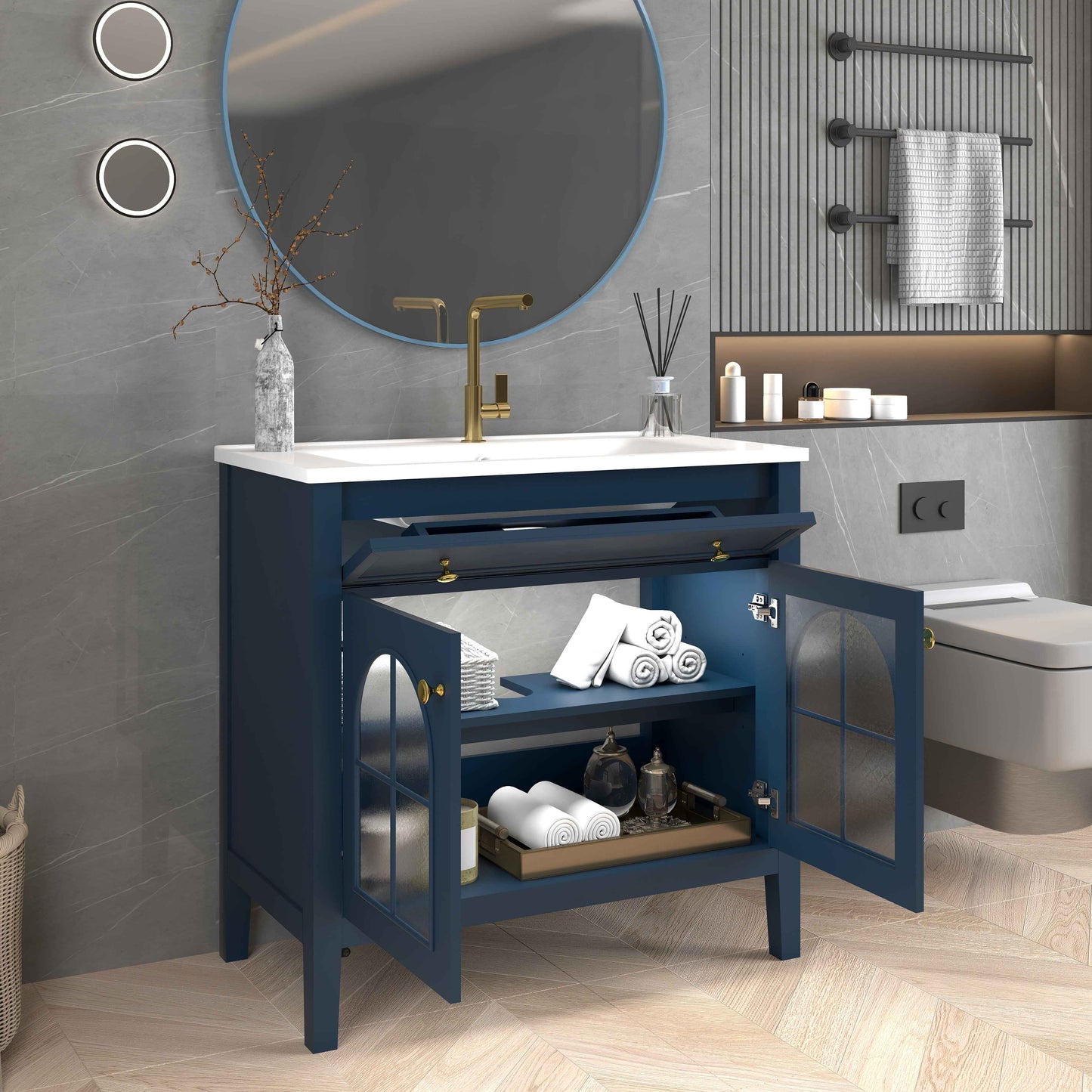 35.6" Mid-Century Bathroom Vanity with Sink – Blue Farmhouse Storage Cabinet