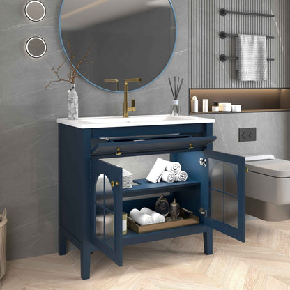 35.6" Mid-Century Bathroom Vanity with Sink – Blue Farmhouse Storage Cabinet