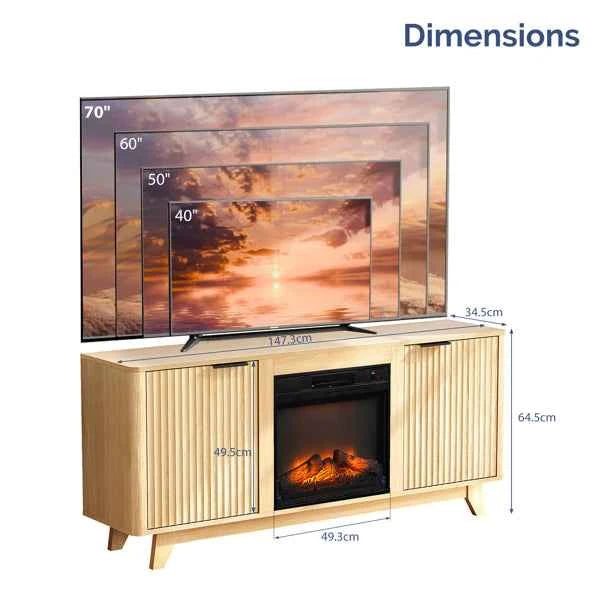 Oak Finish Fireplace TV Stand With 18 Inch Insert & Double Grid Doors, Embossed Particle Board Media Console 58 X 13.6 X 25.4 Inch