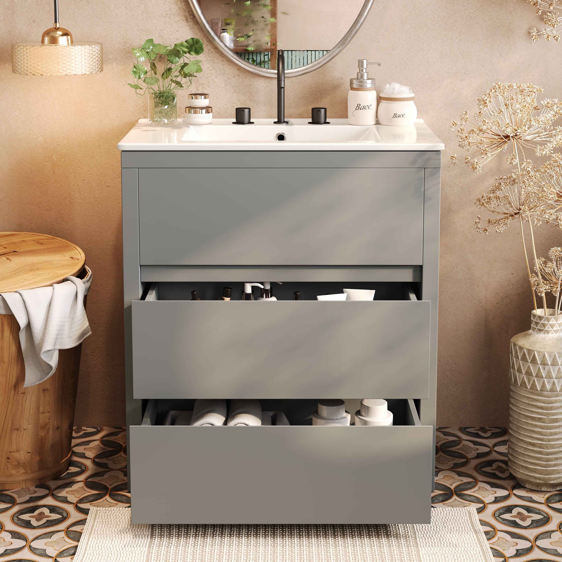30" Gray Bathroom Vanity with Ceramic Sink – Freestanding Cabinet with 2 Soft-Close Drawers
