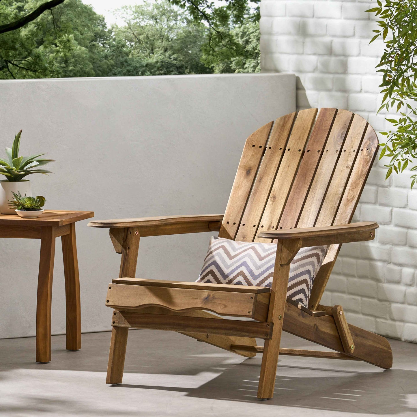 Folding Adirondack Chair – Teak Acacia Wood Outdoor Lounge Chair with Wide Armrests & Slatted Back
