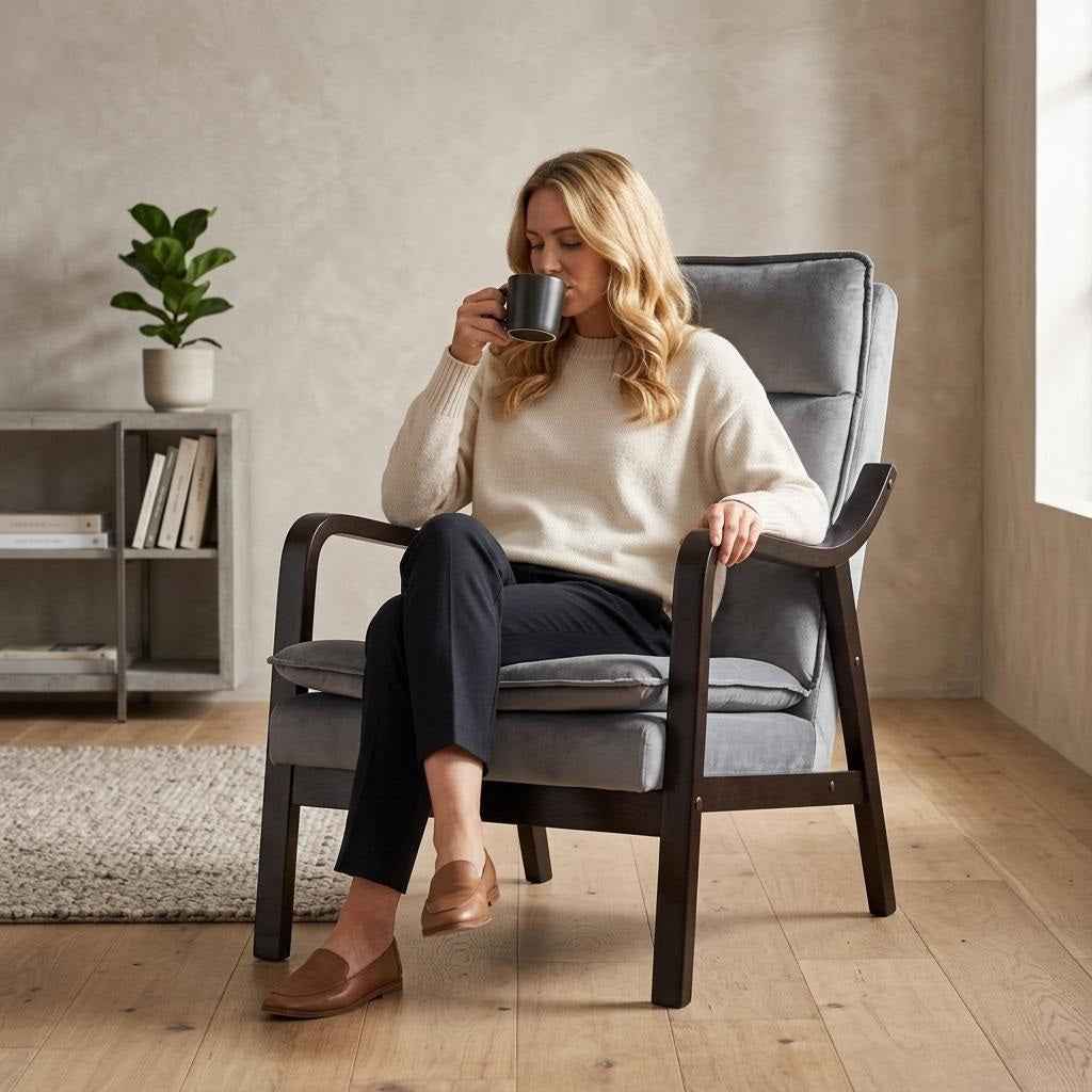 Mid-Century Modern Grey Velvet Accent Chair with Wood Armrests – Upholstered Reading Chair for Living Room & Bedroom | US Delivery Only