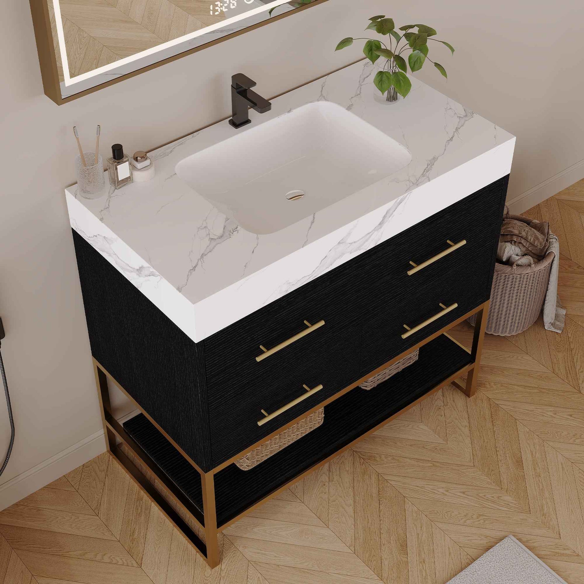 36" Artificial Stone Bathroom Vanity with Ceramic Sink – Soft-Close Drawers & Open Shelves