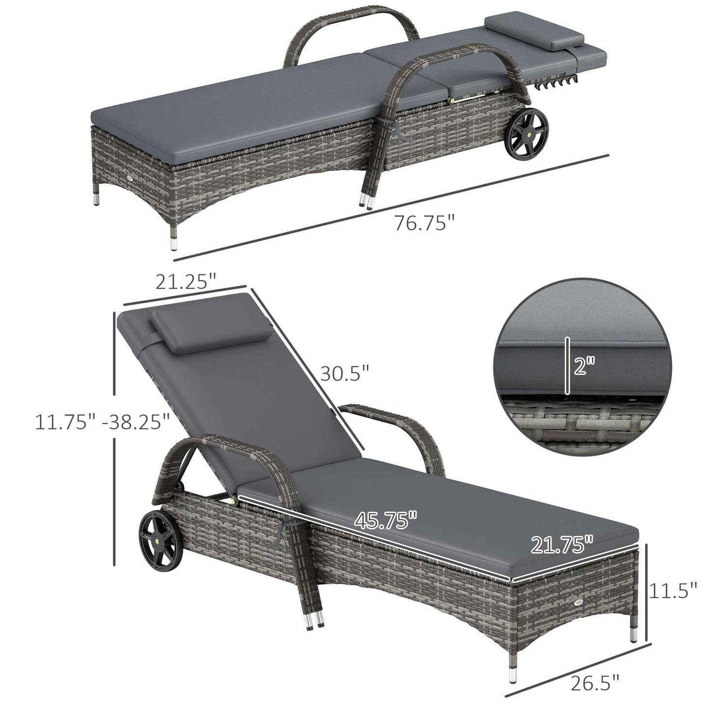 Set of 2 Outdoor Reclining Chaise Lounge Chairs – Rolling Patio Pool Loungers with Cushions, Armrests & Wheels (Deliver to United States Only)