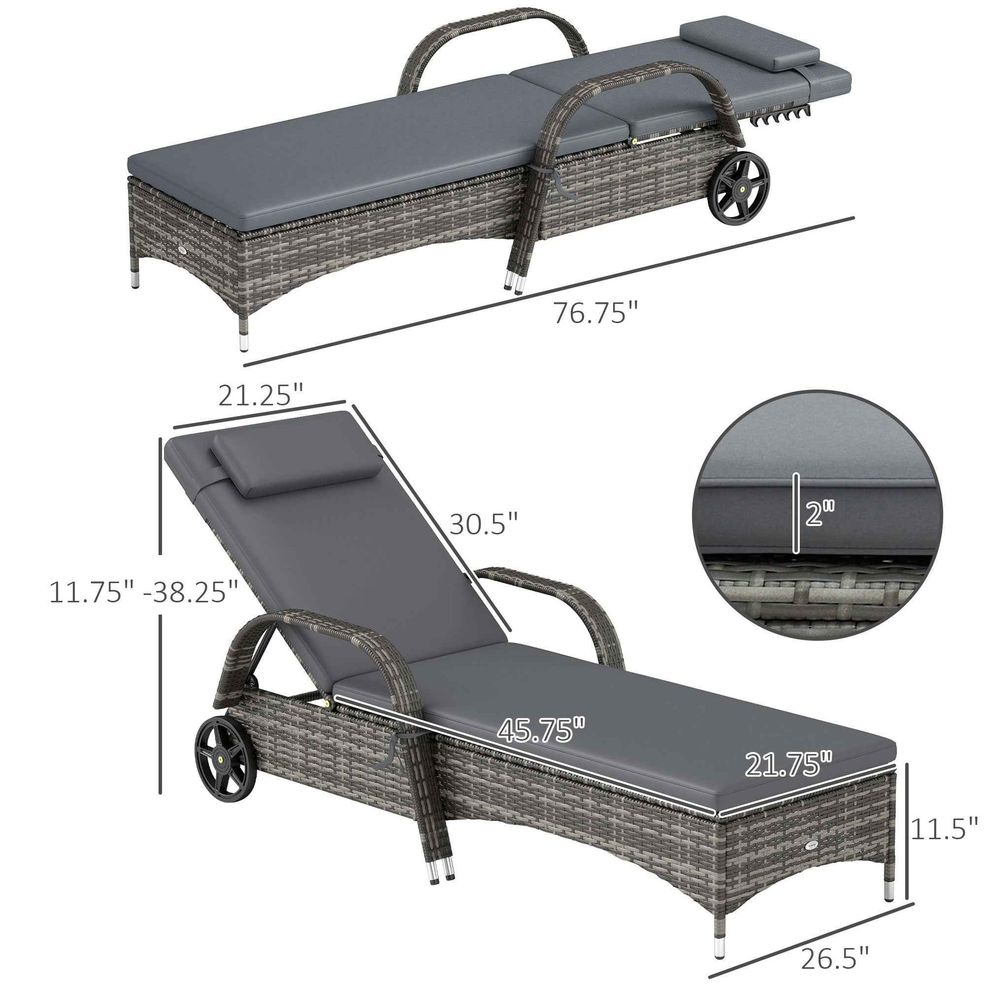 Set of 2 Outdoor Reclining Chaise Lounge Chairs – Rolling Patio Pool Loungers with Cushions, Armrests & Wheels (Deliver to United States Only)