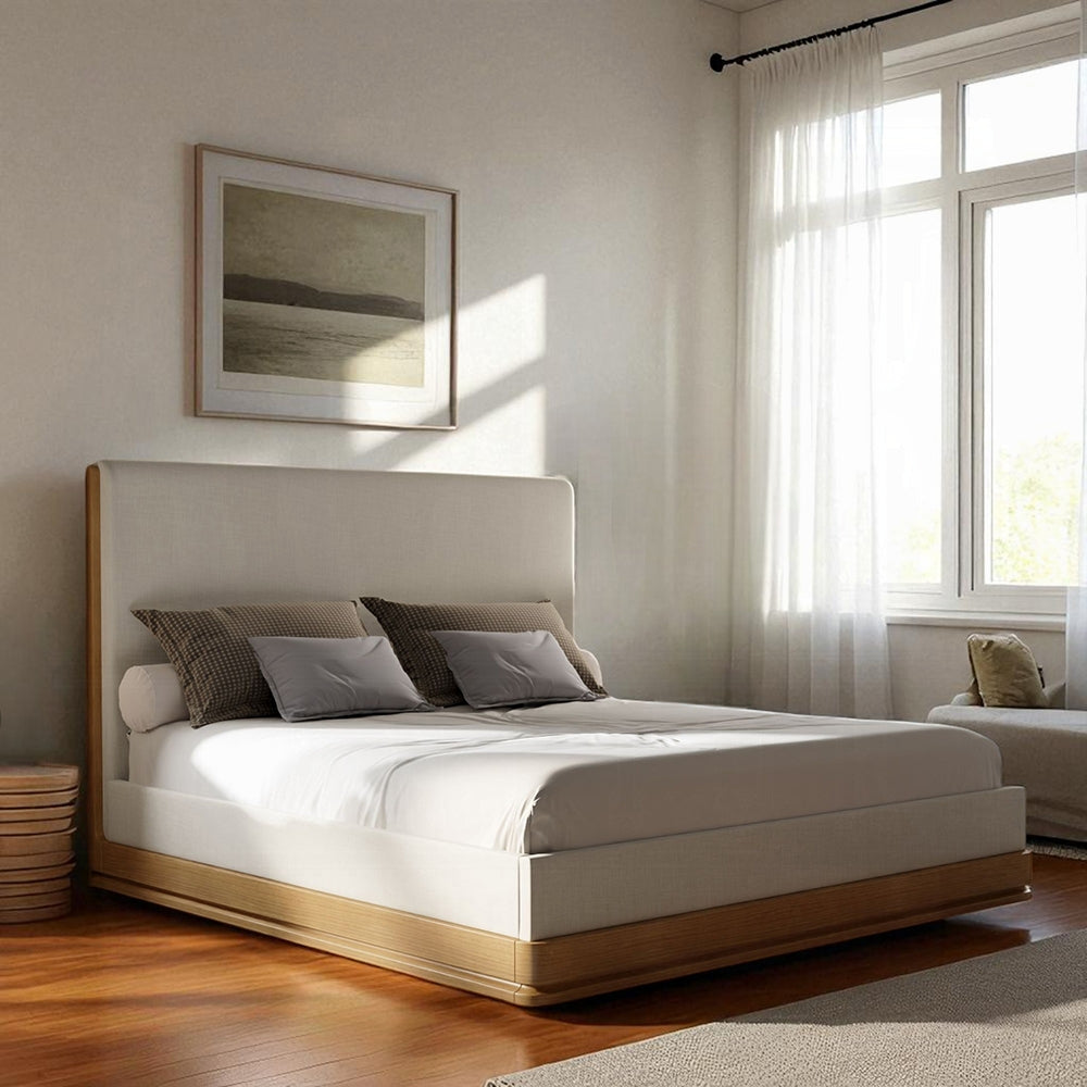 Yami Wood Detail Upholstered Platform Bed - Beige Oak