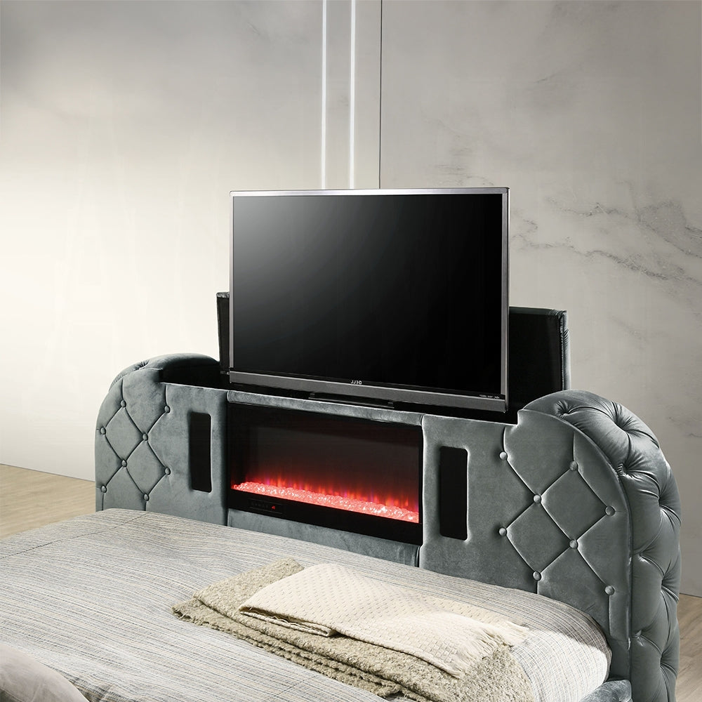 Tagus Smart Platform Bed with LED/ Fireplace/ TV Stand - Grey
