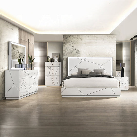 Pearl High Gloss LED Headboard Bed - White