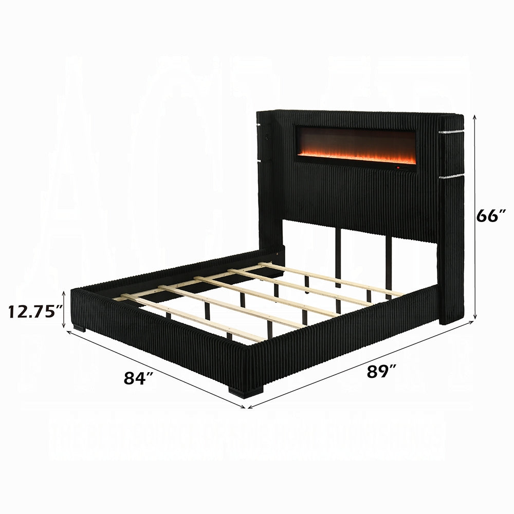 Obsidian Smart Platform Bed with LED/ Fireplace/Reading Light/Speaker/Bluetooth/USB - Black