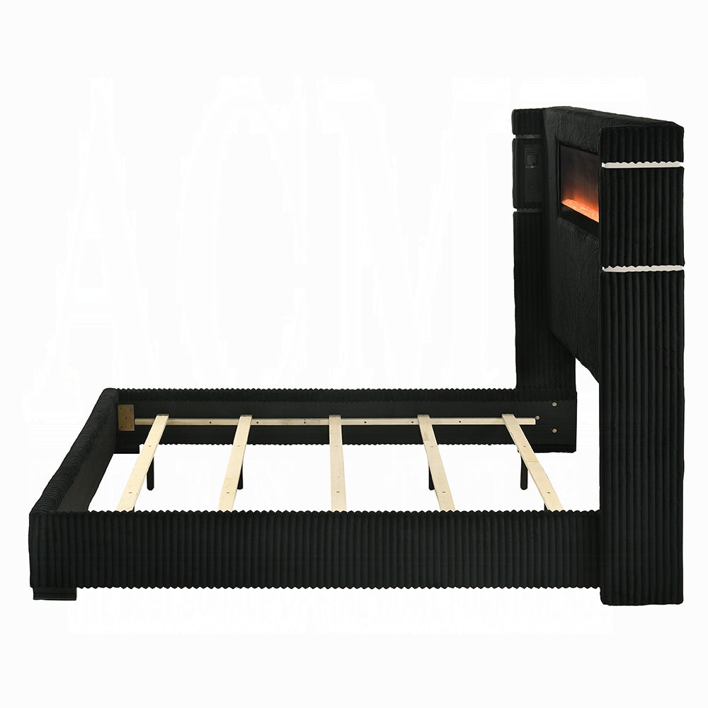 Obsidian Smart Platform Bed with LED/ Fireplace/Reading Light/Speaker/Bluetooth/USB - Black