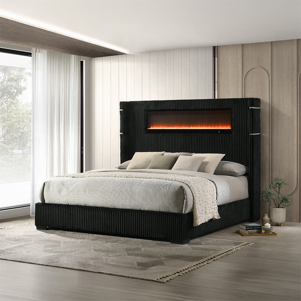 Obsidian Smart Platform Bed with LED/ Fireplace/Reading Light/Speaker/Bluetooth/USB - Black
