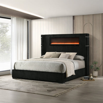 Obsidian Smart Platform Bed with LED/ Fireplace/Reading Light/Speaker/Bluetooth/USB - Black