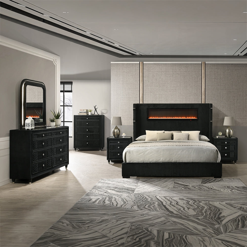 Obsidian Smart Platform Bed with LED/ Fireplace/Reading Light/Speaker/Bluetooth/USB - Black