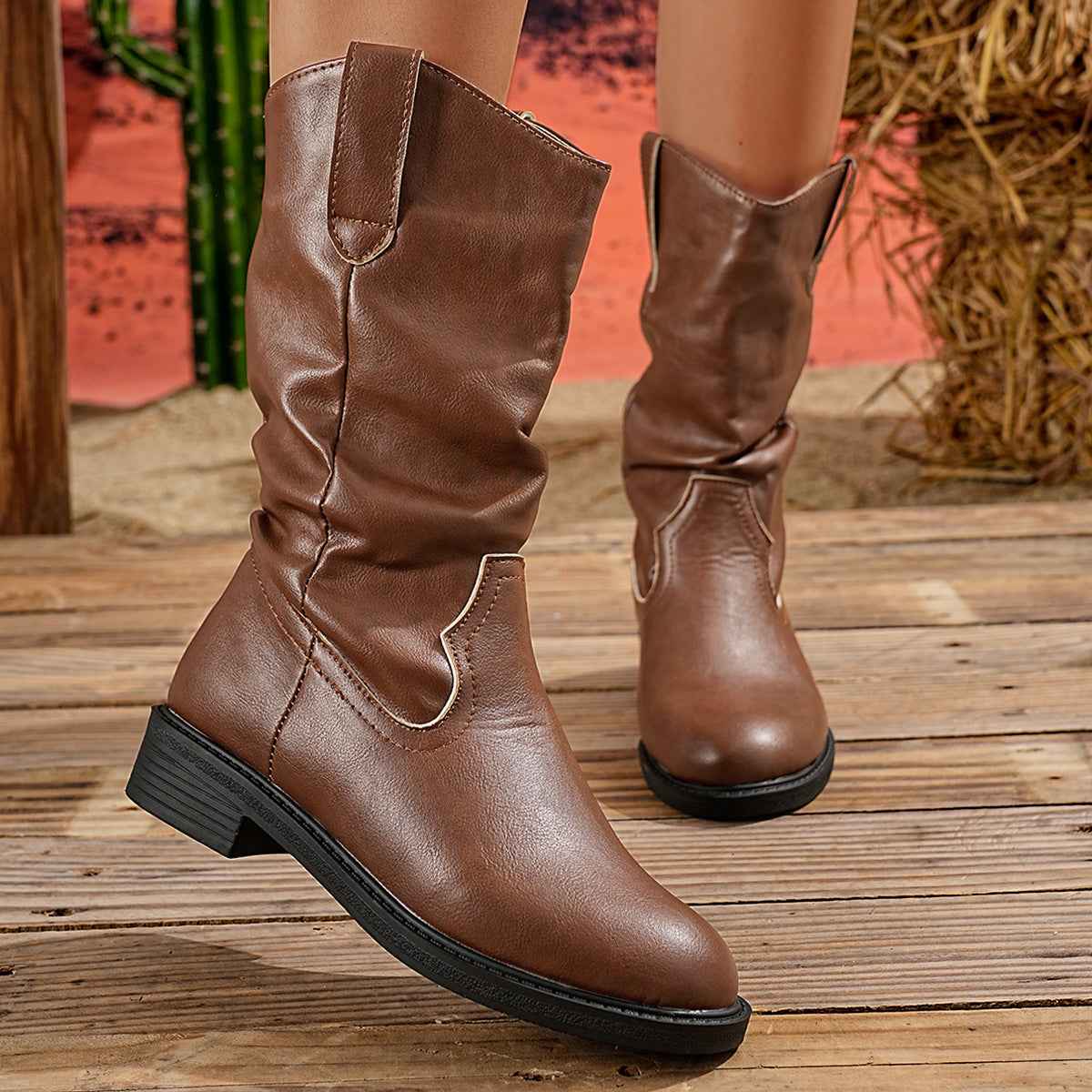 Women's Mid-Calf Fashion Boots – Pointed Toe Block Heel PU Leather Boots
