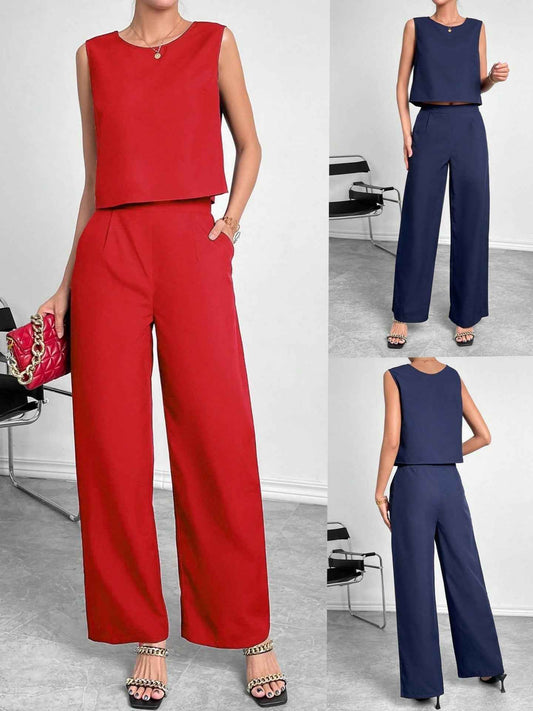 Women's Sleeveless Round Neck Crop Top & Wide Leg Pants Two-Piece Set – Casual Solid Color Office Wear Outfit