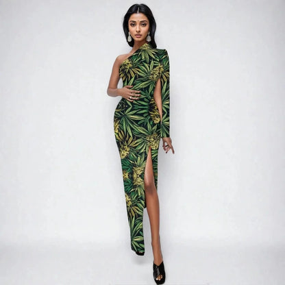 Big Buds One-Shoulder Slit Maxi Dress