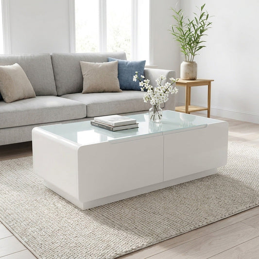 BT18 Rectangular Coffee Table with Glass Top & Storage