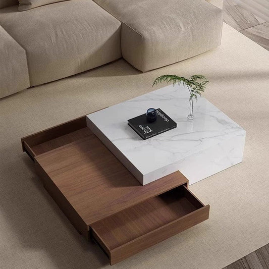 BT66 Coffee Table with Stone Veneer & Wood Drawers