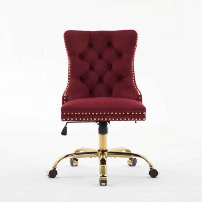 Wine Red Velvet Tufted Office Chair – Upholstered Swivel Desk Chair with Gold Metal Base (Deliver to United States Only)