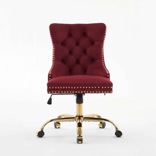 Wine Red Velvet Tufted Office Chair – Upholstered Swivel Desk Chair with Gold Metal Base (Deliver to United States Only)