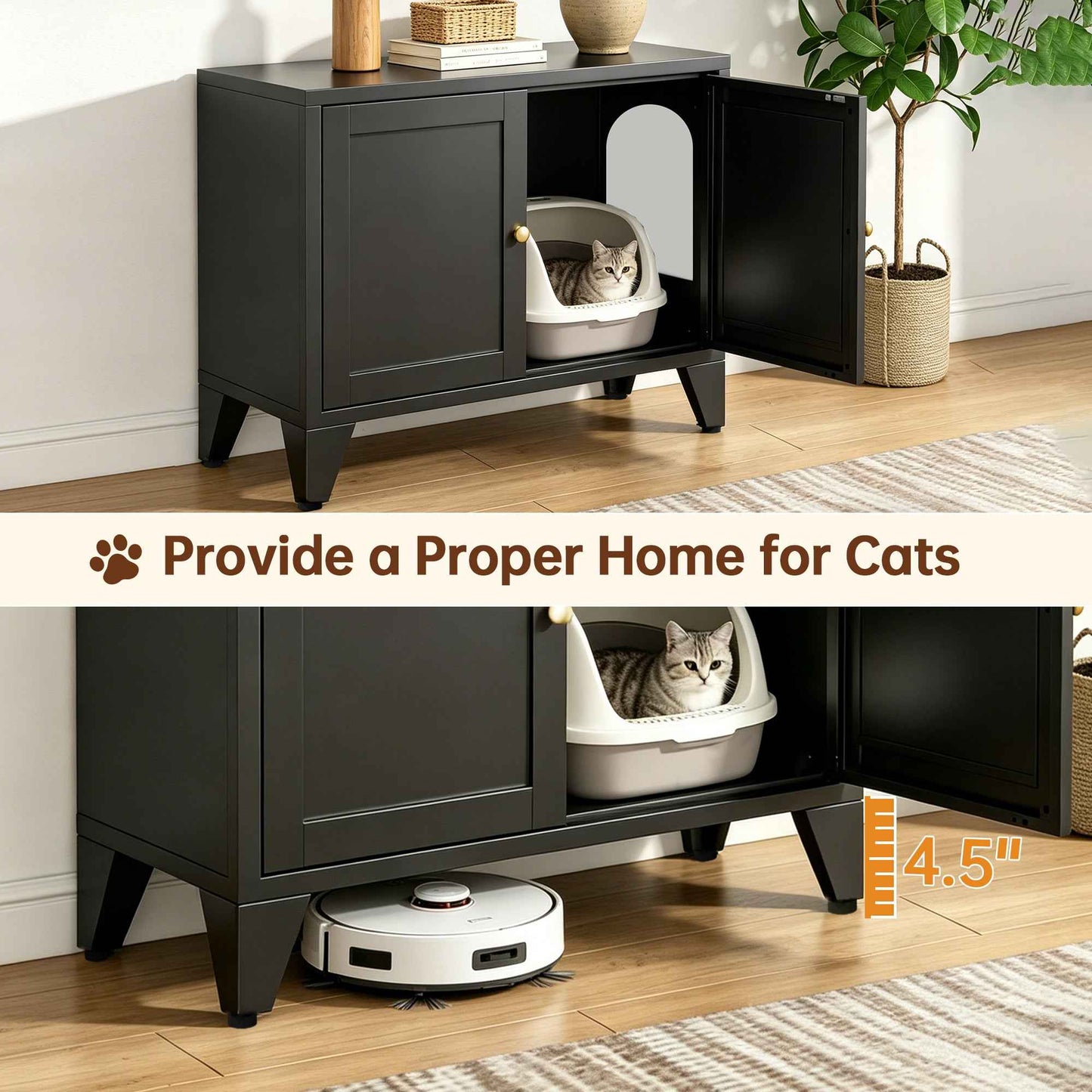 Metal Cat Litter Box Enclosure – Modern Hidden Litter Box Cabinet with Side Entry, Black