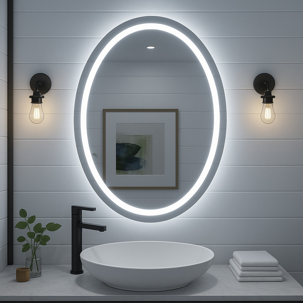 Ondelle Oval LED Bathroom Mirror — Front-Lit Ring + Backlit Halo, Anti-Fog | 24″×32″, 30″×36″