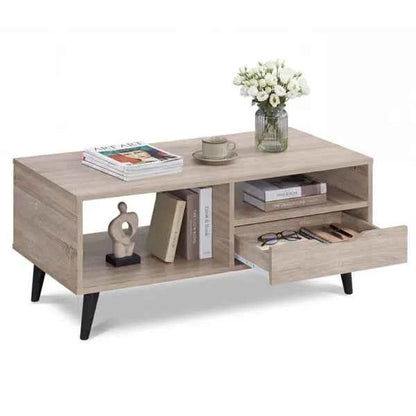 36.5" Rustic Coffee Table With Drawer & Open Shelves, Engineered Wood Center Table For Living Room Natural