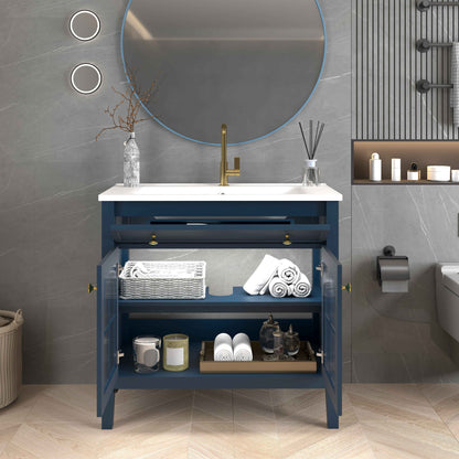 35.6" Mid-Century Bathroom Vanity with Sink – Blue Farmhouse Storage Cabinet