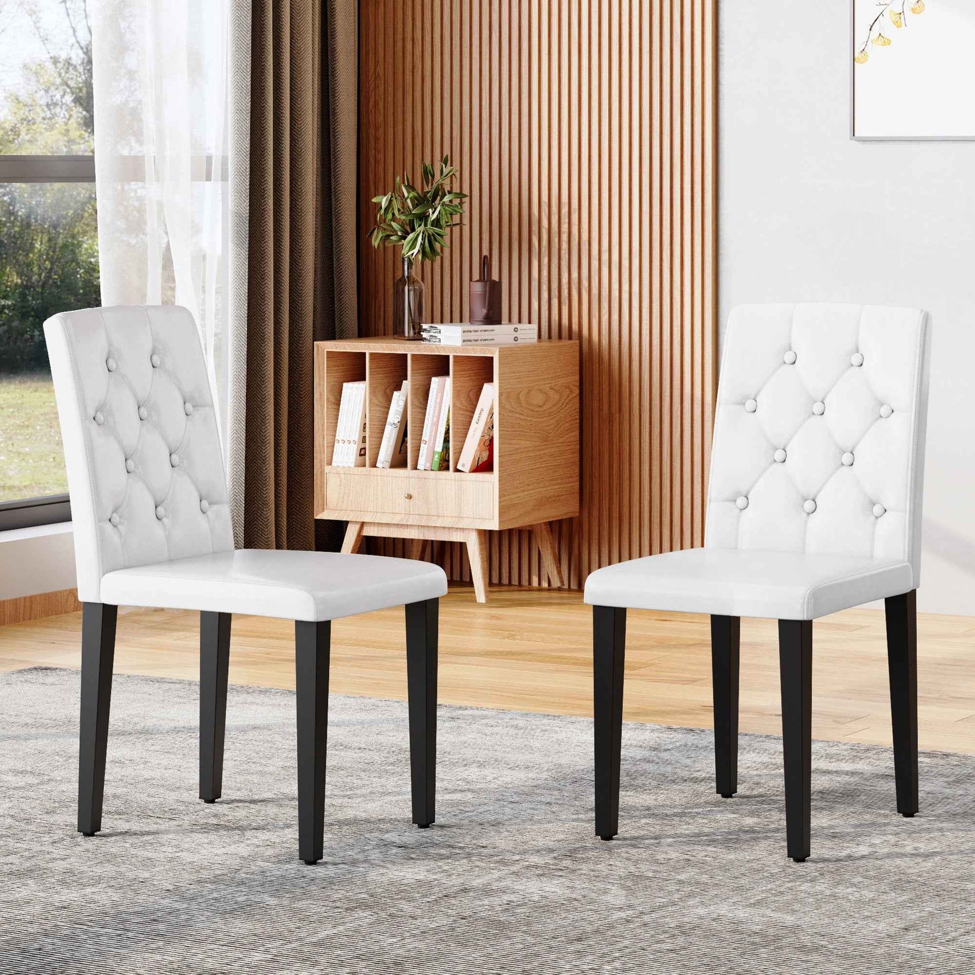 White PU Dining Chairs Set of 2 – Ergonomic Buckle Backrest with Black Metal Legs, Modern Upholstered Kitchen & Dining Chairs (Deliver to United States Only)