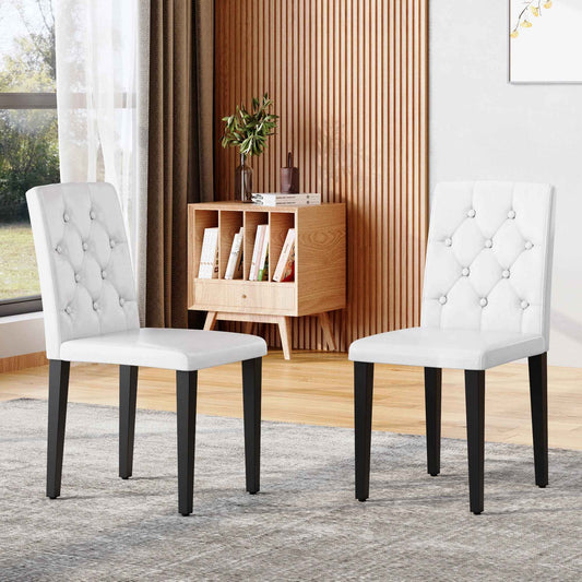 White PU Dining Chairs Set of 2 – Ergonomic Buckle Backrest with Black Metal Legs, Modern Upholstered Kitchen & Dining Chairs (Deliver to United States Only)