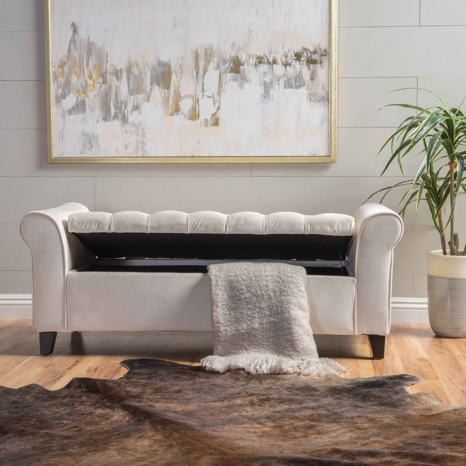 50" Ivory Tufted Storage Bench with Rolled Arms – Upholstered Entryway, Bedroom & Living Room Bench