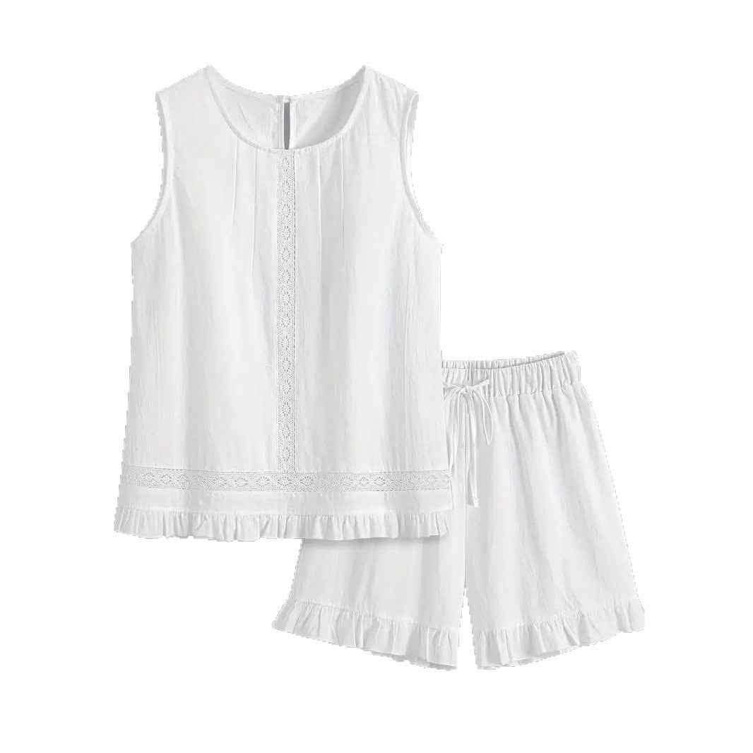Women’s Elegant Lace Sleeveless Top & Wide-Leg Pants Set – Chic White Two-Piece Commuter Outfit (Deliver to United States Only)