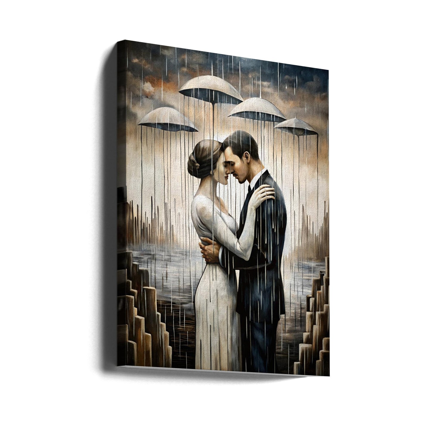Ein Kuss unter den schwebenden Regenschirmen – Wandkunst