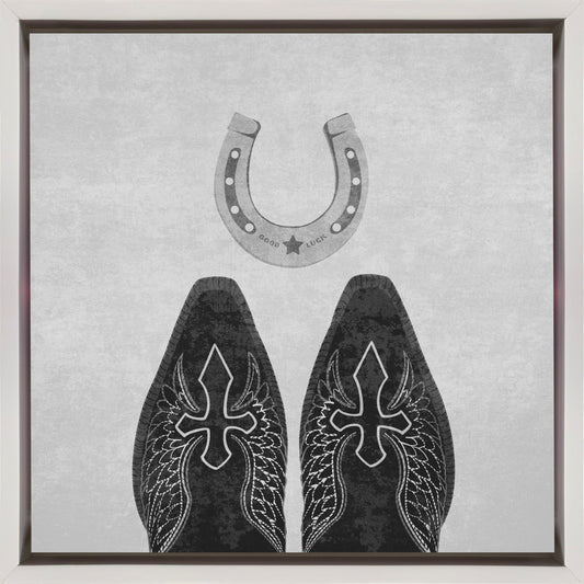 Wandbild Schwarz-Weiß Cowboystiefel und Hufeisen