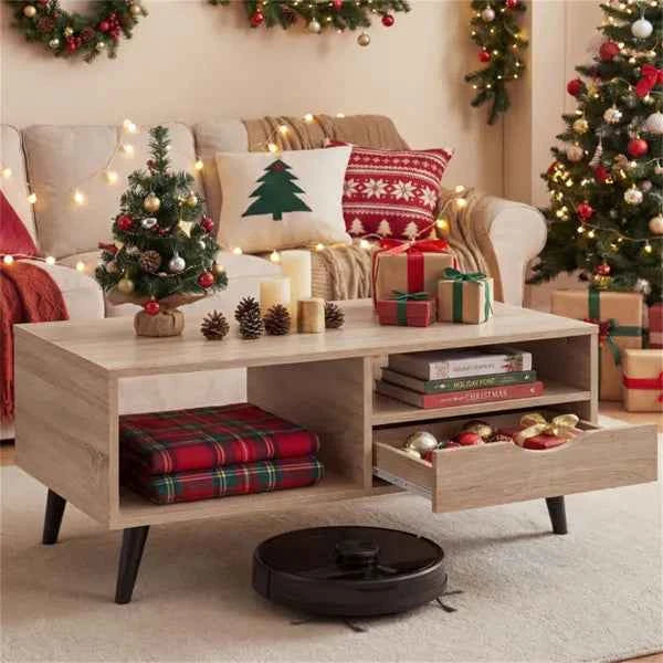 36.5" Rustic Coffee Table With Drawer & Open Shelves, Engineered Wood Center Table For Living Room Natural