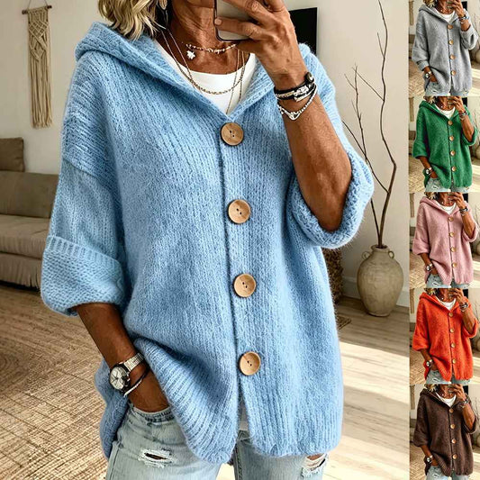 Women's Solid-Color Hooded Button-Down Cardigan Sweater