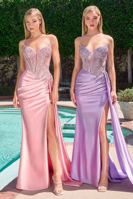 Satin with intricate beadwork and soft draping