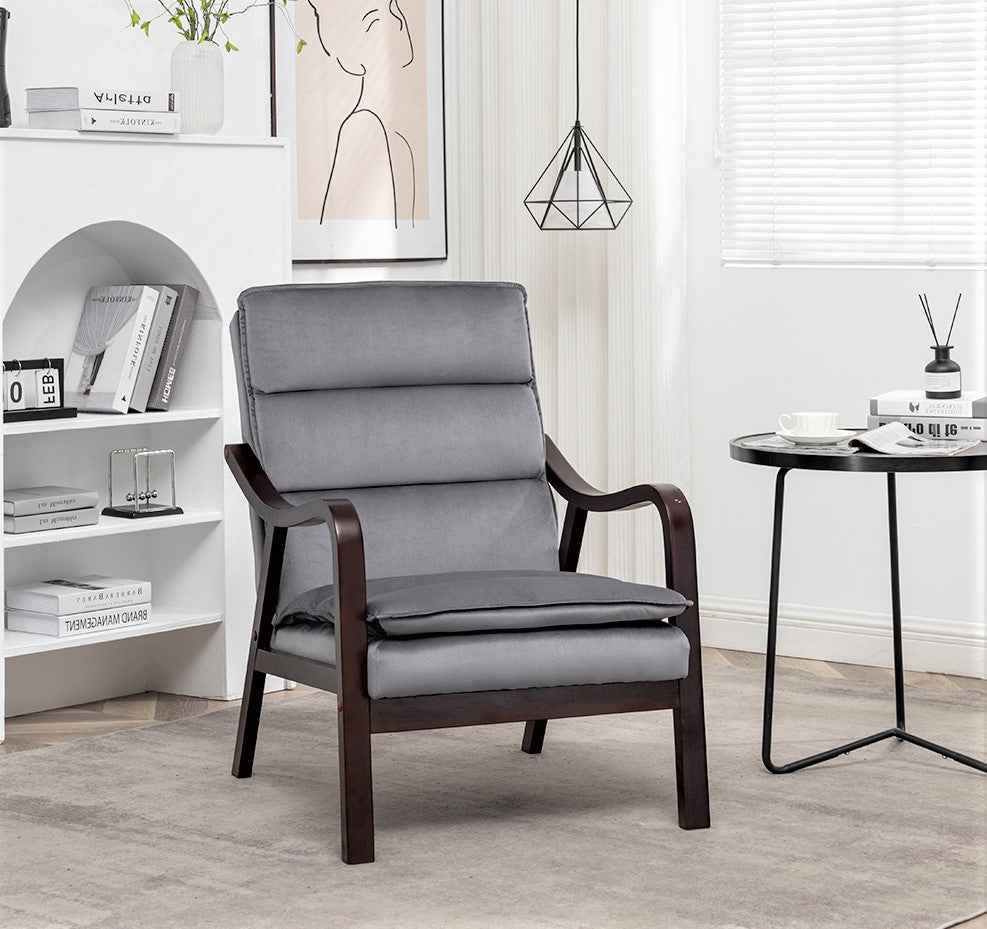 Mid-Century Modern Grey Velvet Accent Chair with Wood Armrests – Upholstered Reading Chair for Living Room & Bedroom | US Delivery Only